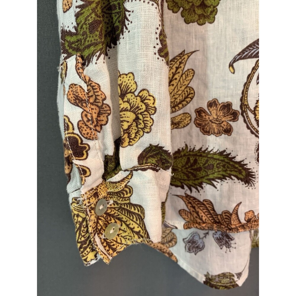 Nicole Miller European Flax Linen Shirt XL Earthy Floral Bird Button-up Roll-tab - Picture 11 of 14